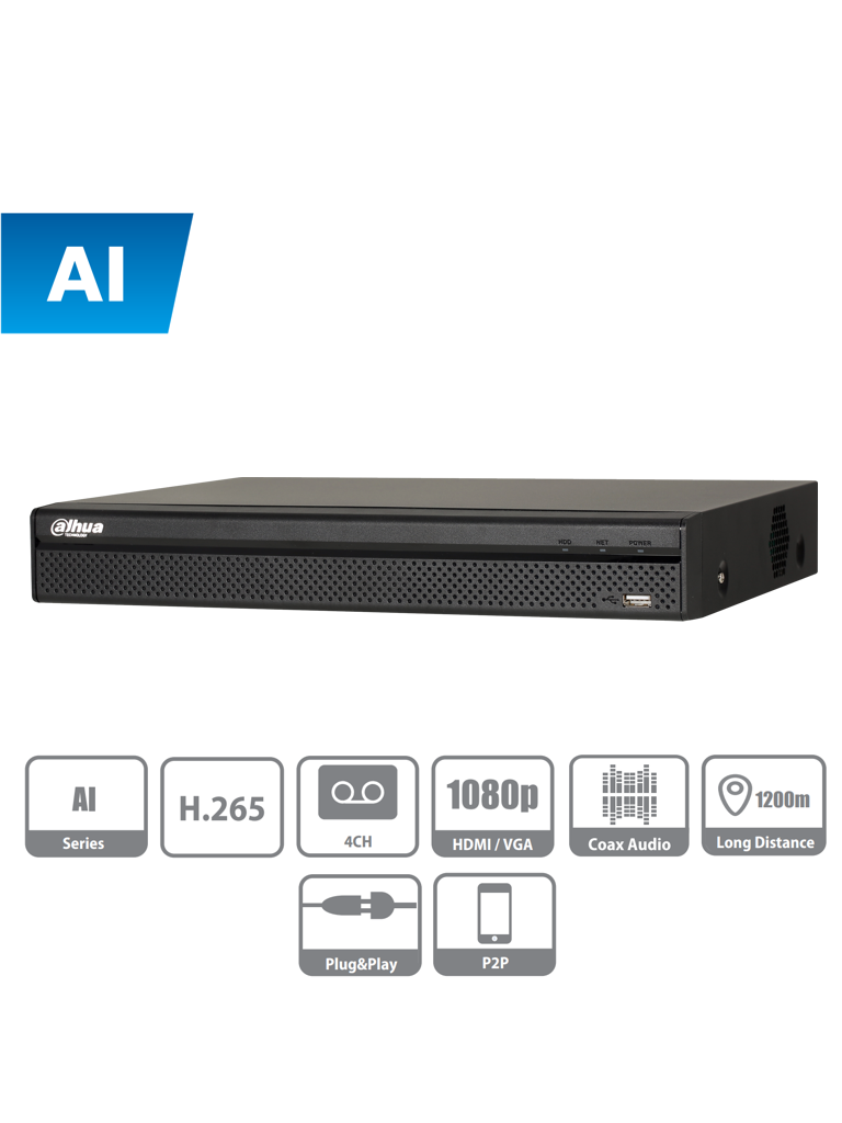 DVR DE 4 CANALES CON IA DE 5 MEGAPIXELES LITE/ 4 MP LITE/ 1080P/ H.265+/ SMD PLUS/ PROTECCION PERIMETRAL/ 2 CANALES IP ADICIONALES